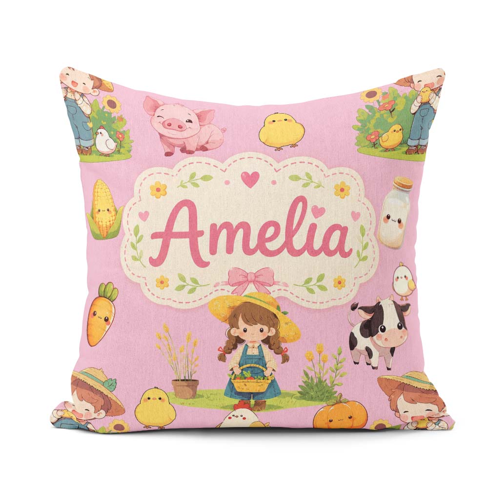 Custom Name Cute Farm Girl Animals Harvest Seamless Pattern Pink Square Filled Cushion Throw Pillow Sofa Bed Home Decor Zip Washable UK Made