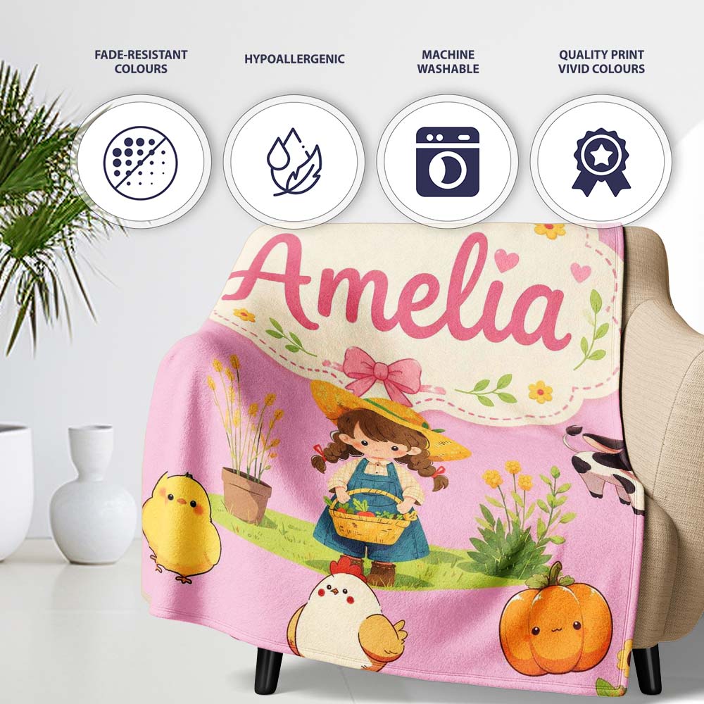Cute Farm Girl Animals Harvest Seamless Pattern Pink Background Personalised Custom Name Super Soft Fleece Blanket Bed Sofa Throw