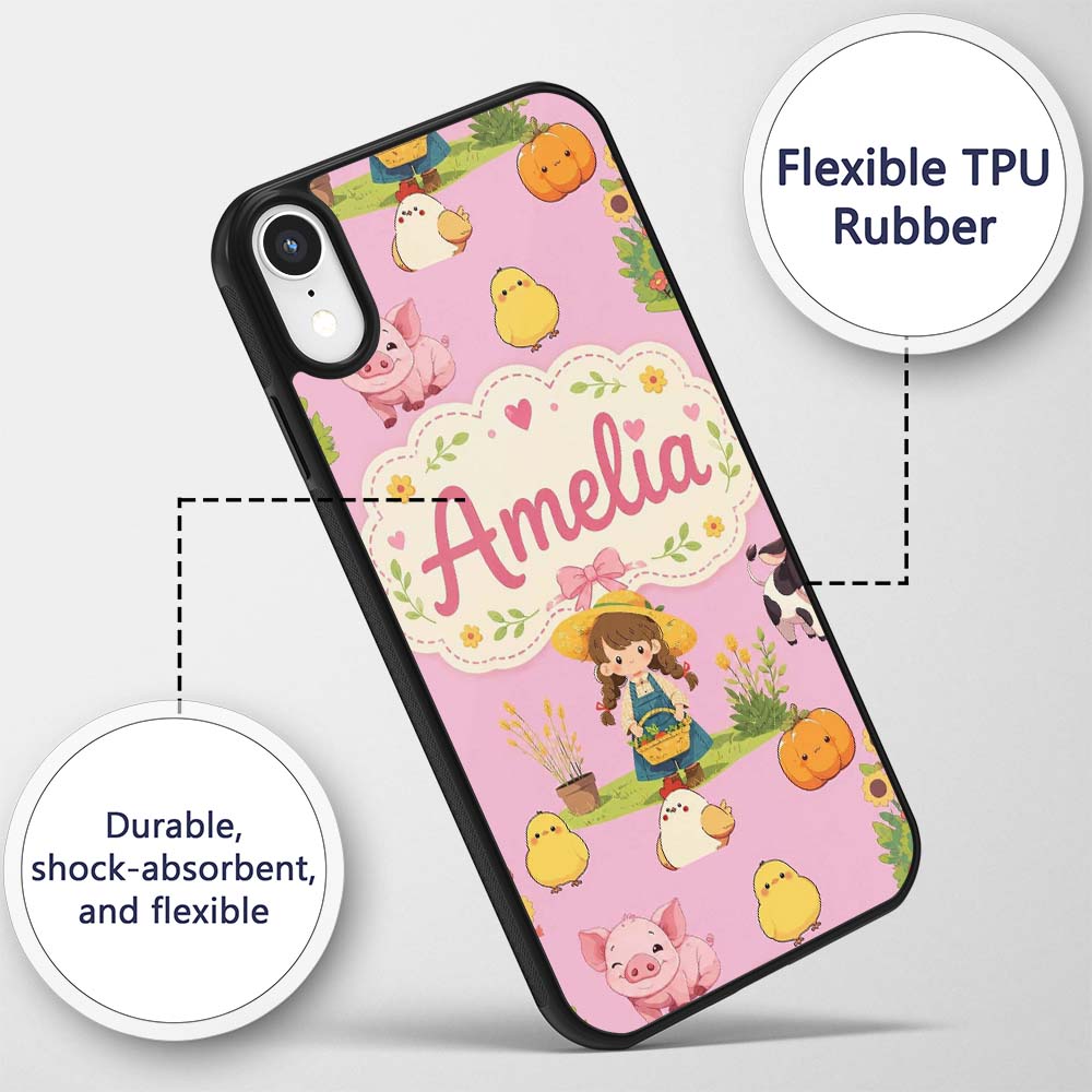 Cute Farm Girl Animals Harvest Seamless Pattern Custom Name Protective Phone Case Mobile Cover Durable Everyday Smartphone Shock Resistant