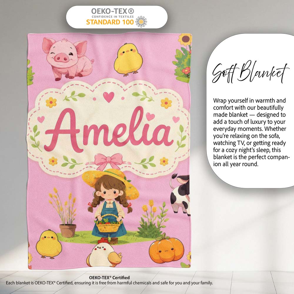 Cute Farm Girl Animals Harvest Seamless Pattern Pink Background Personalised Custom Name Super Soft Fleece Blanket Bed Sofa Throw