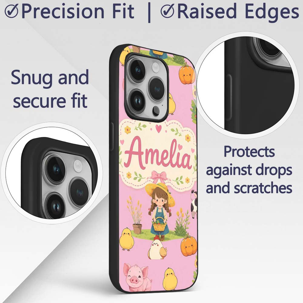 Cute Farm Girl Animals Harvest Seamless Pattern Custom Name Protective Phone Case Mobile Cover Durable Everyday Smartphone Shock Resistant