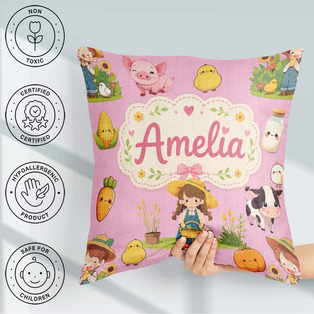 Custom Name Cute Farm Girl Animals Harvest Seamless Pattern Pink Square Filled Cushion Throw Pillow Sofa Bed Home Decor Zip Washable UK Made