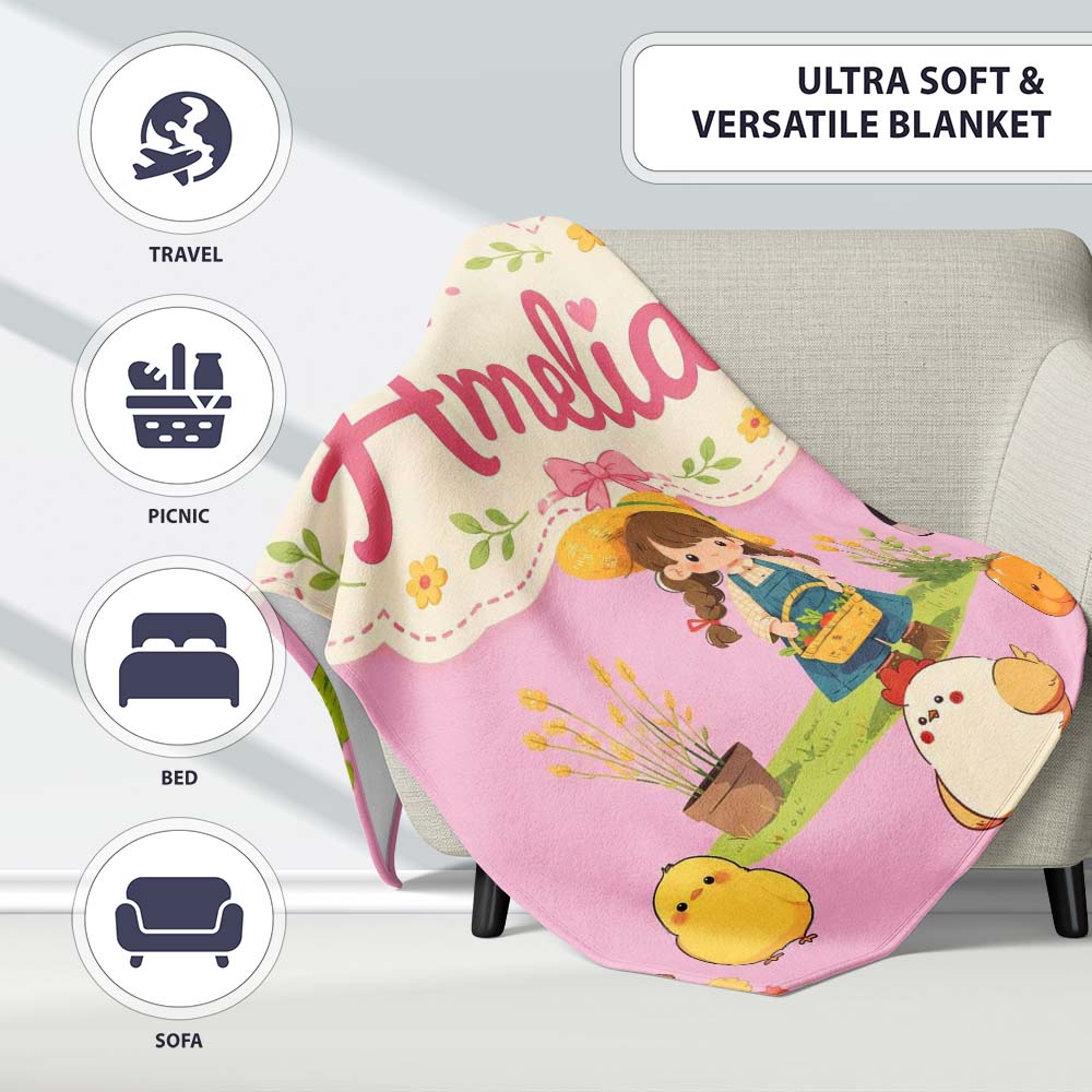 Cute Farm Girl Animals Harvest Seamless Pattern Pink Background Personalised Custom Name Super Soft Fleece Blanket Bed Sofa Throw