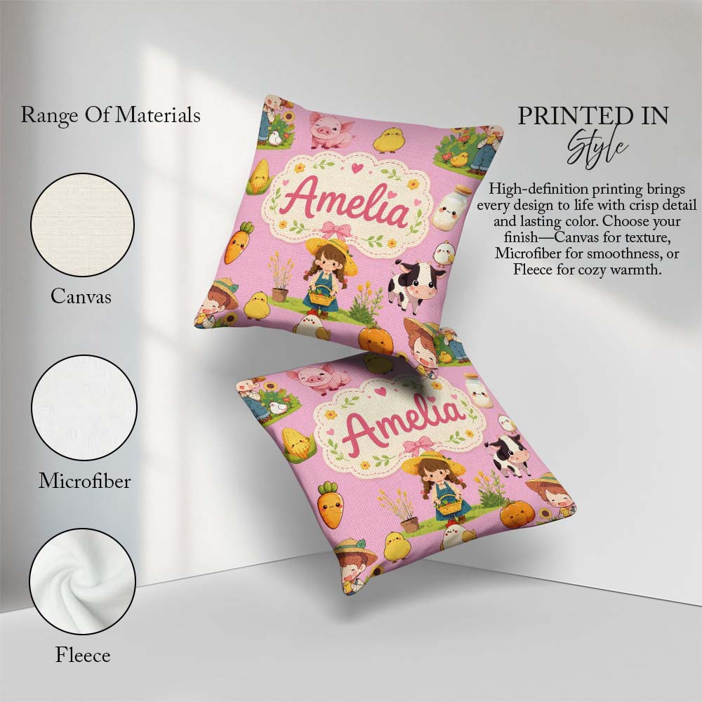 Custom Name Cute Farm Girl Animals Harvest Seamless Pattern Pink Square Filled Cushion Throw Pillow Sofa Bed Home Decor Zip Washable UK Made
