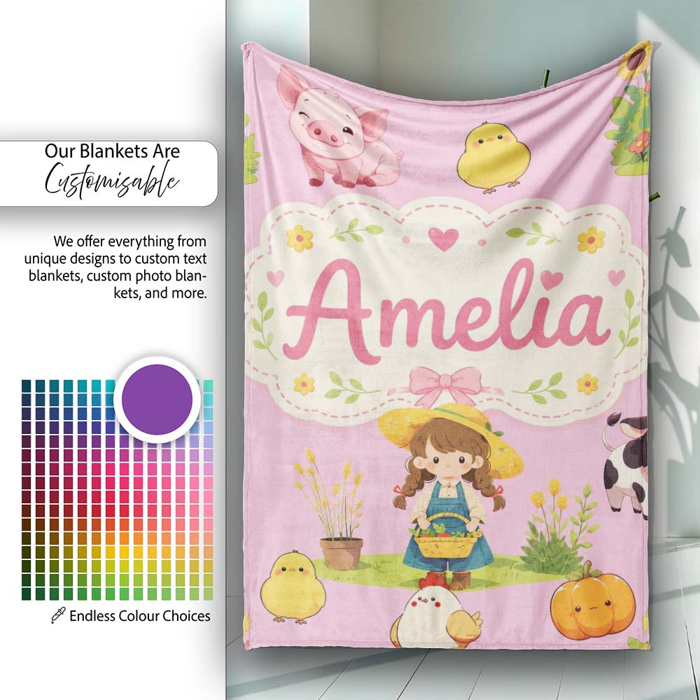Cute Farm Girl Animals Harvest Seamless Pattern Pink Background Personalised Custom Name Super Soft Fleece Blanket Bed Sofa Throw