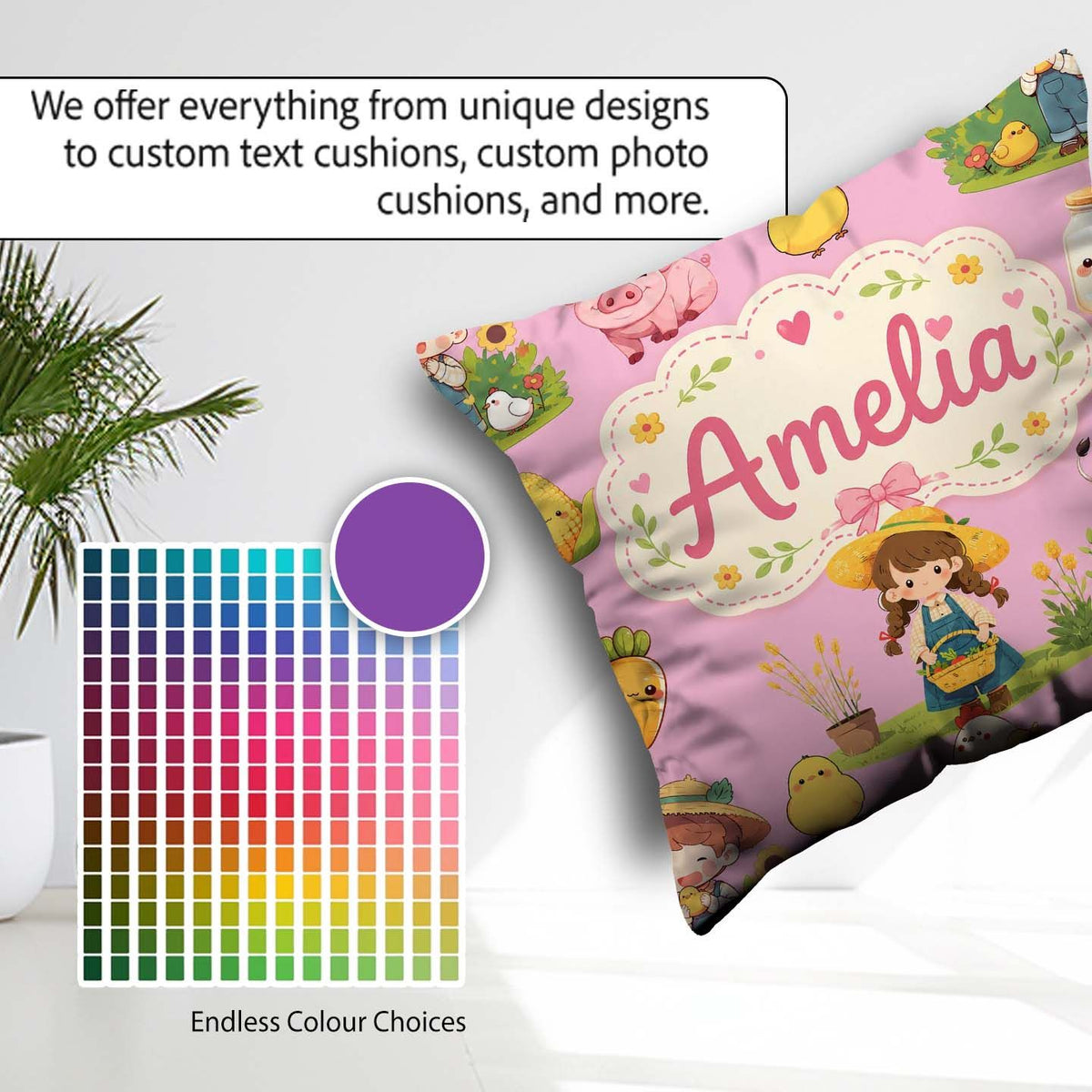Custom Name Cute Farm Girl Animals Harvest Seamless Pattern Pink Square Filled Cushion Throw Pillow Sofa Bed Home Decor Zip Washable UK Made