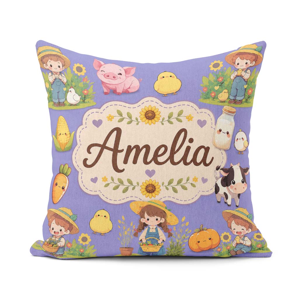 Custom Name Farm Girl Animals Harvest Seamless Purple Background Square Filled Cushion Throw Pillow Sofa Bed Home Decor Zip Washable UK Made