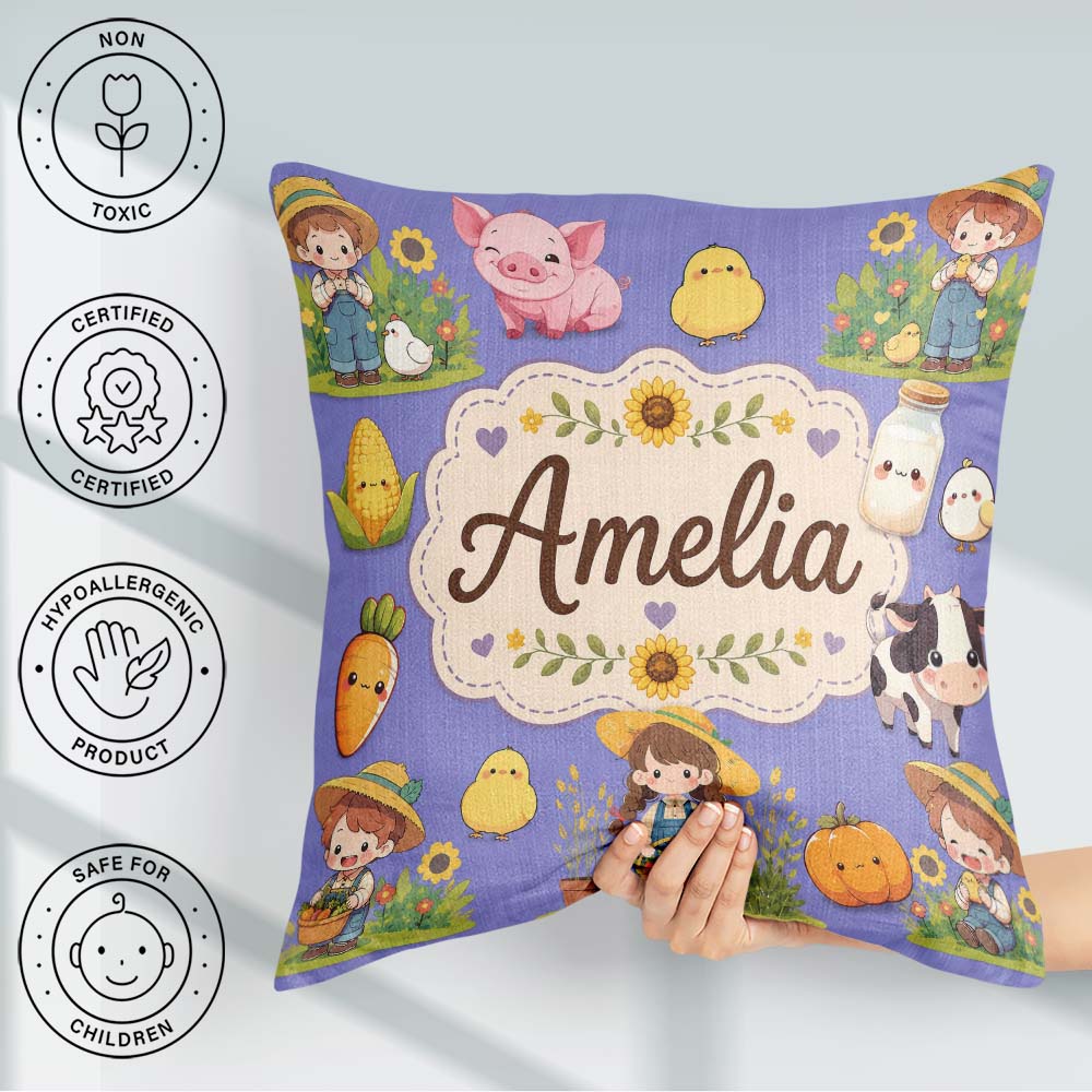 Custom Name Farm Girl Animals Harvest Seamless Purple Background Square Filled Cushion Throw Pillow Sofa Bed Home Decor Zip Washable UK Made