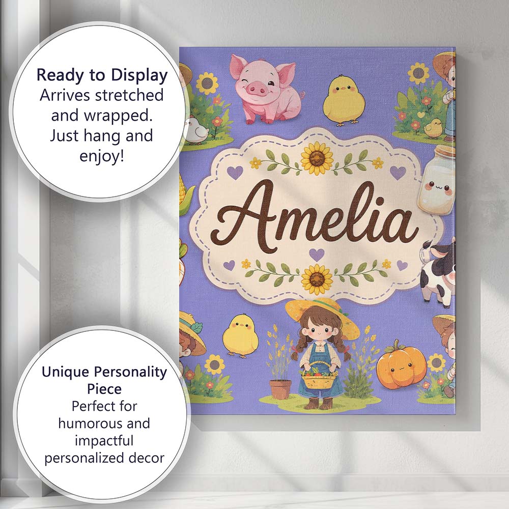 Personalised Name Cute Farm Girl Animals Custom Unique Gift Idea Elegant Feature Canvas Wall Art Print Decor Picture Ready to Hang