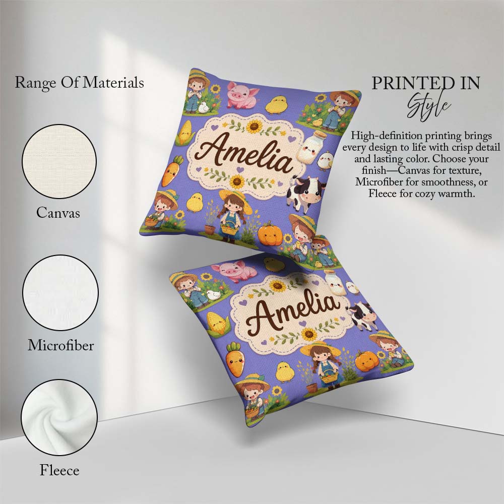 Custom Name Farm Girl Animals Harvest Seamless Purple Background Square Filled Cushion Throw Pillow Sofa Bed Home Decor Zip Washable UK Made