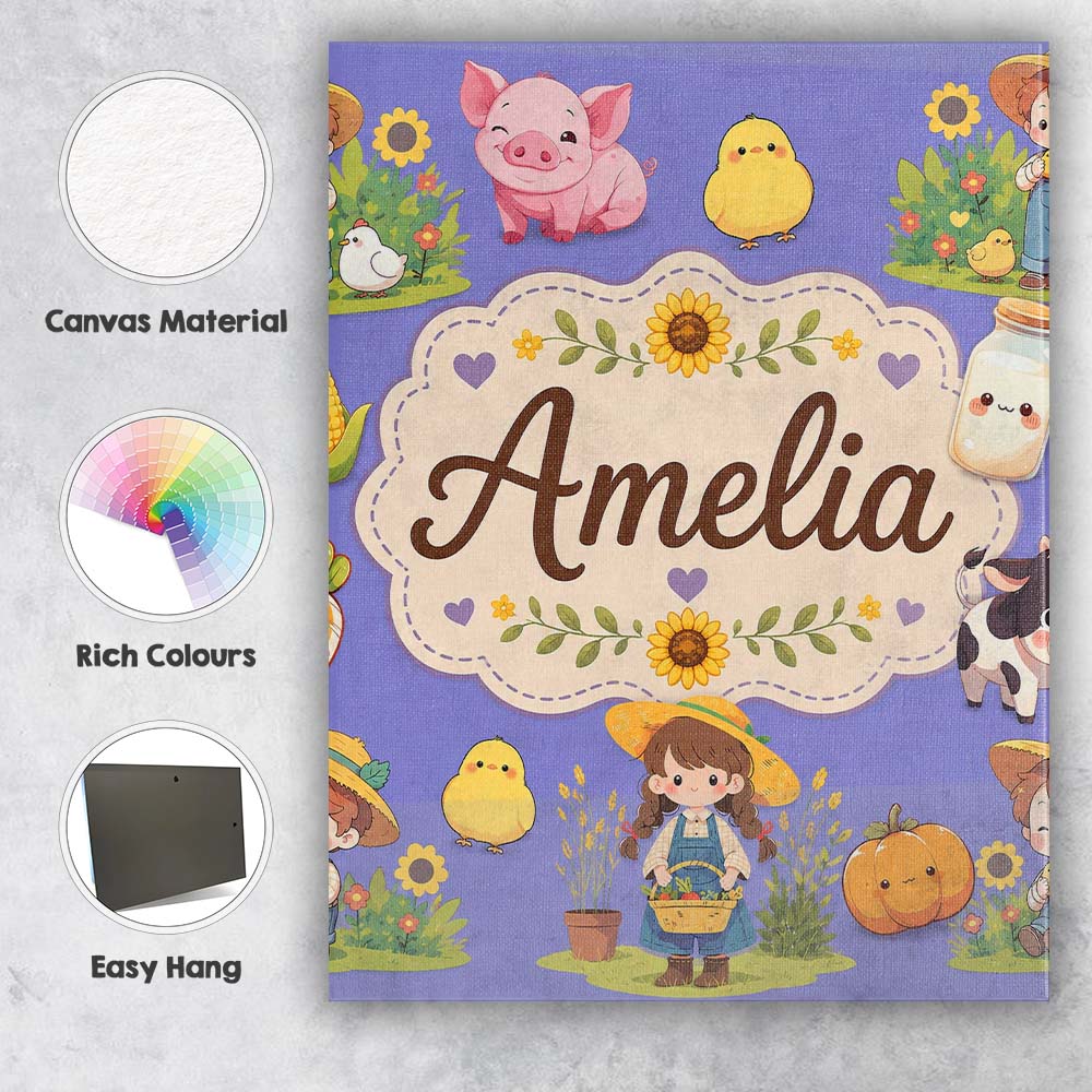 Personalised Name Cute Farm Girl Animals Custom Unique Gift Idea Elegant Feature Canvas Wall Art Print Decor Picture Ready to Hang