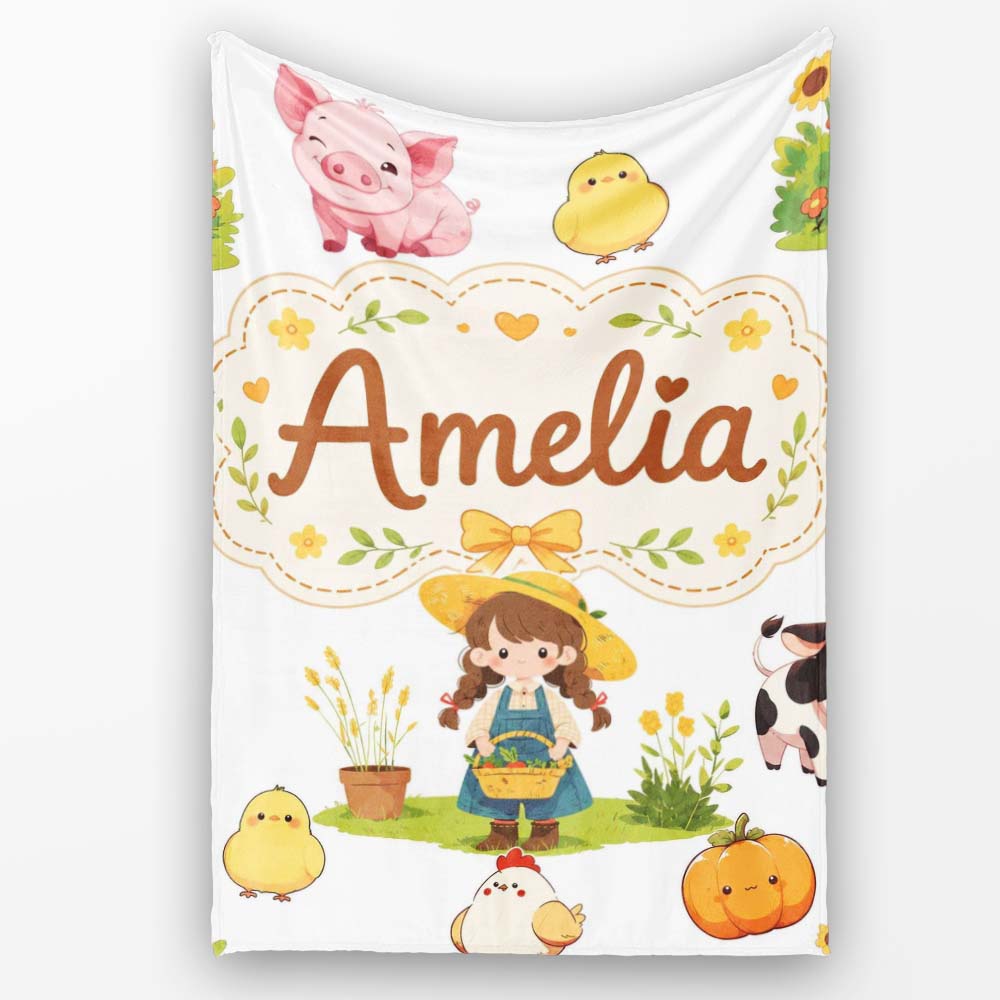 Cute Farm Girl Animals Harvest Seamless Pattern Grey Background Personalised Custom Name Super Soft Fleece Blanket Bed Sofa Throw