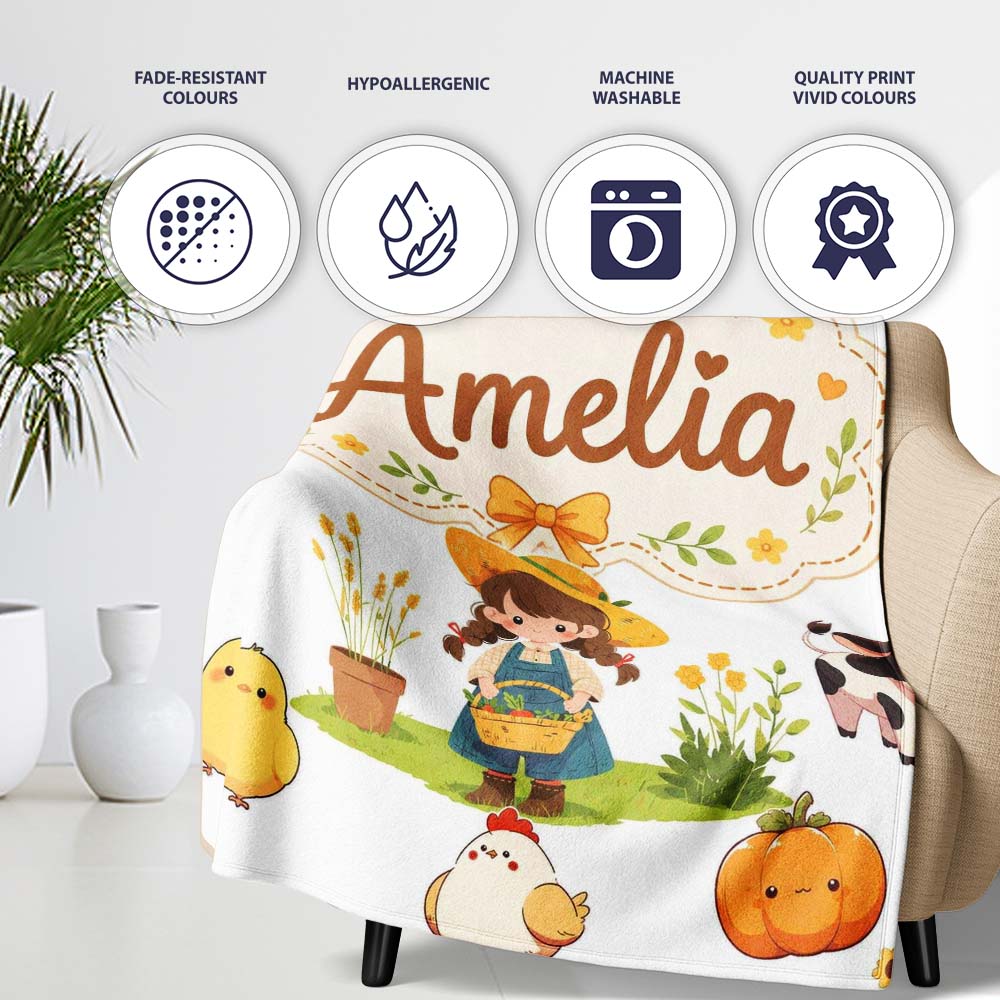 Cute Farm Girl Animals Harvest Seamless Pattern Grey Background Personalised Custom Name Super Soft Fleece Blanket Bed Sofa Throw