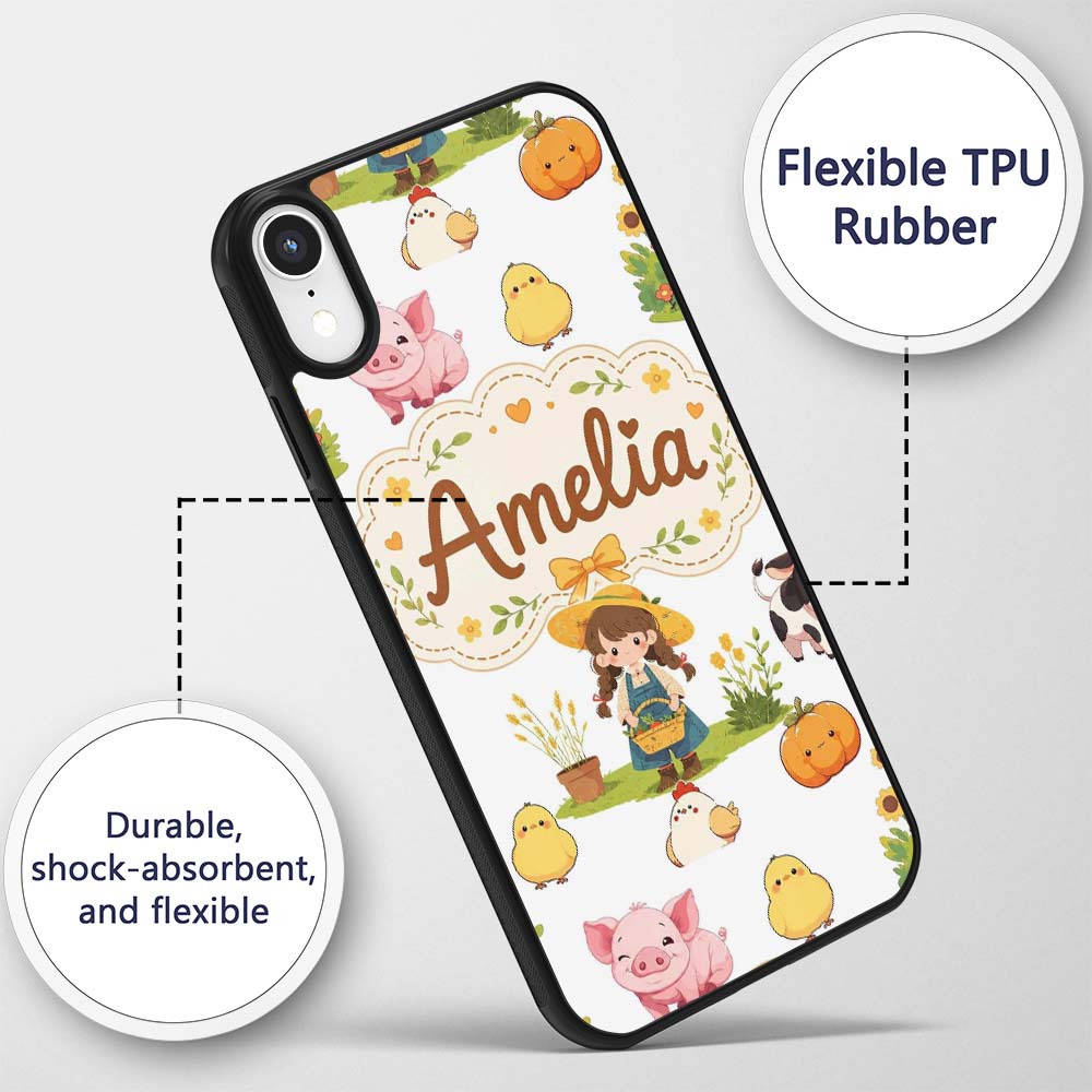 Cute Farm Girl Animals Harvest Seamless Pattern Custom Name Protective Phone Case Mobile Cover Durable Everyday Smartphone Shock Resistant