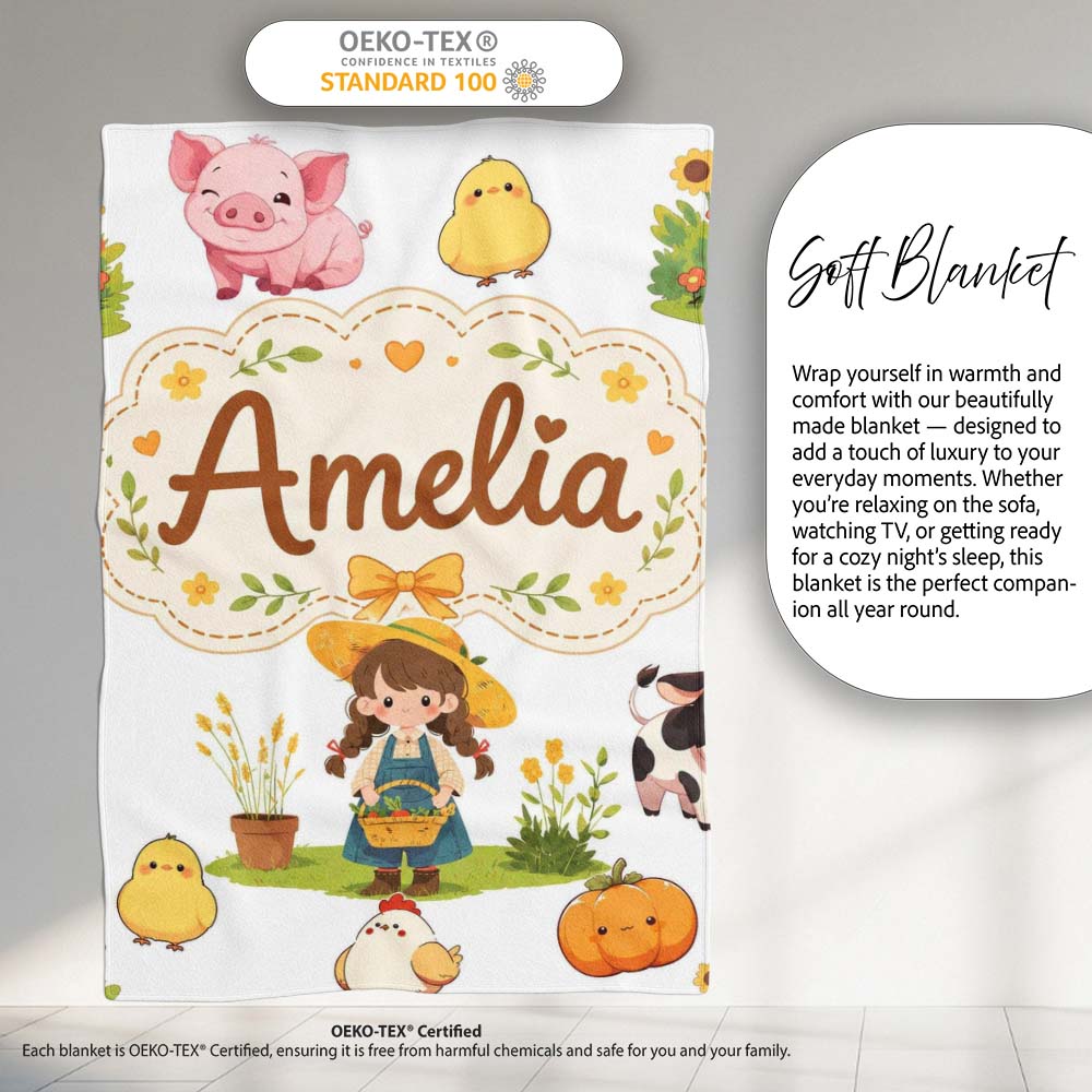 Cute Farm Girl Animals Harvest Seamless Pattern Grey Background Personalised Custom Name Super Soft Fleece Blanket Bed Sofa Throw