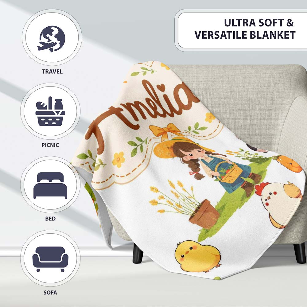 Cute Farm Girl Animals Harvest Seamless Pattern Grey Background Personalised Custom Name Super Soft Fleece Blanket Bed Sofa Throw