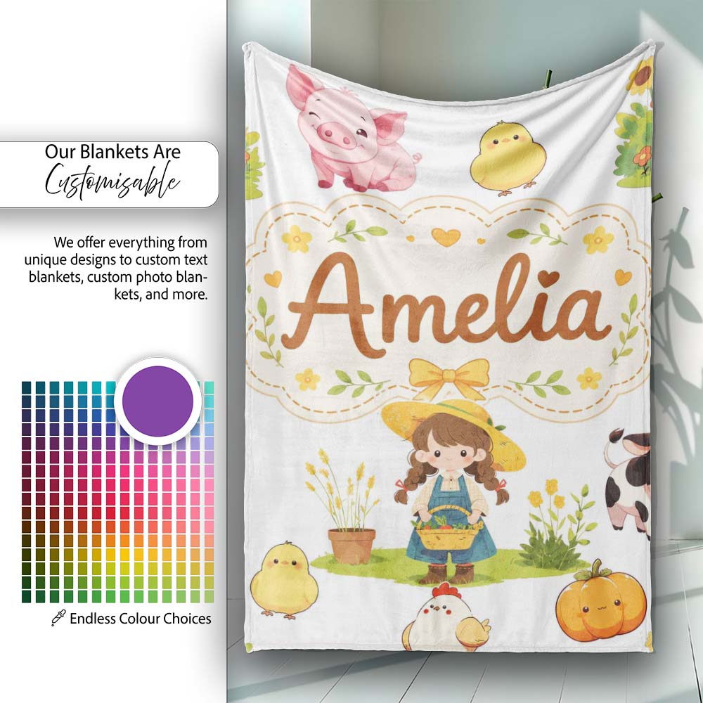 Cute Farm Girl Animals Harvest Seamless Pattern Grey Background Personalised Custom Name Super Soft Fleece Blanket Bed Sofa Throw