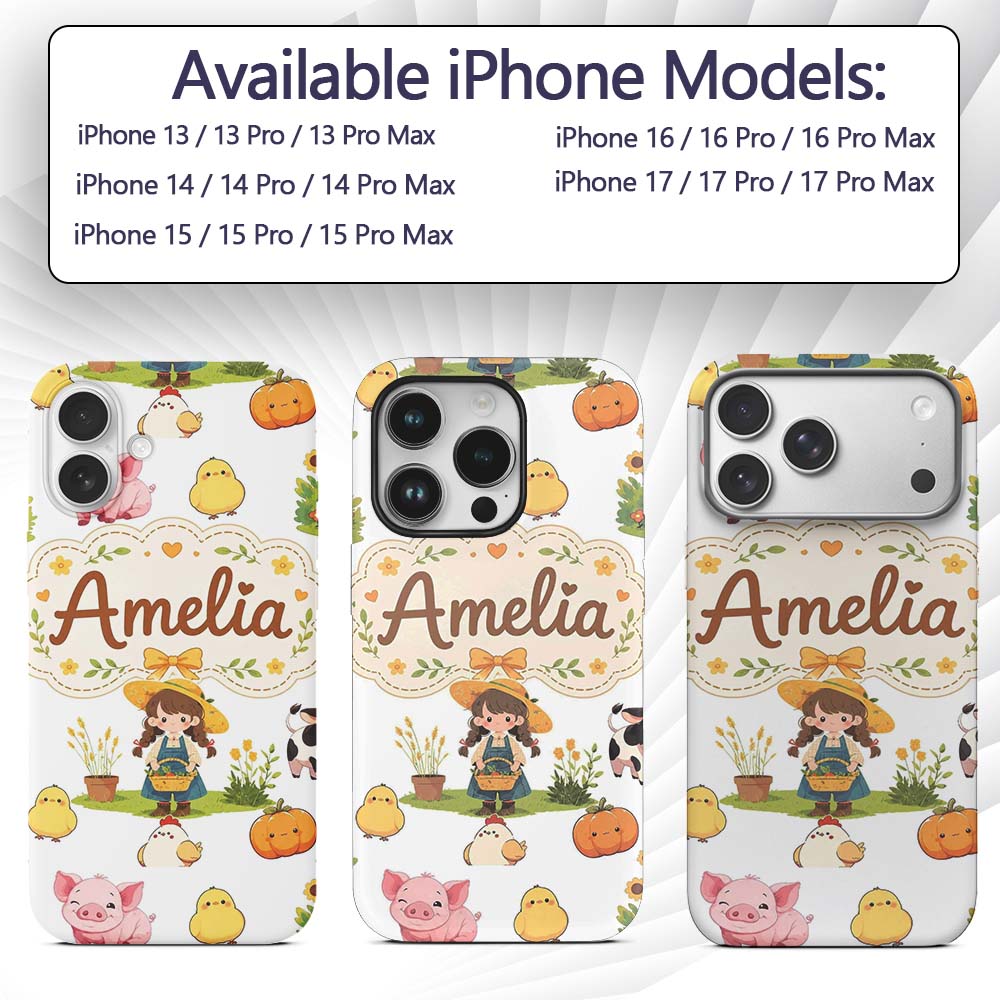 Cute Farm Girl Animals Harvest Seamless Pattern Custom Name Protective Phone Case Mobile Cover Durable Everyday Smartphone Shock Resistant