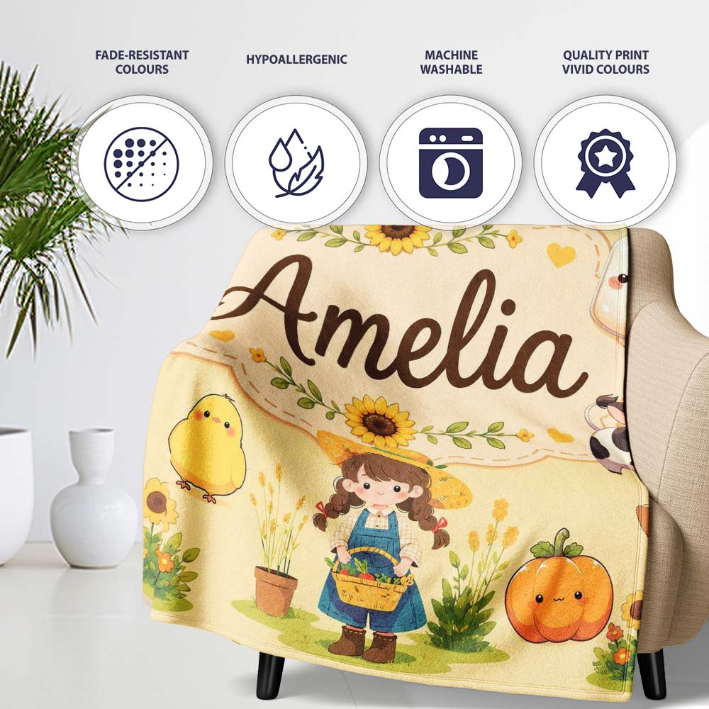 Cute Farm Girl Animals Harvest Seamless Pattern Yellow Background Personalised Custom Name Super Soft Fleece Blanket Bed Sofa Throw