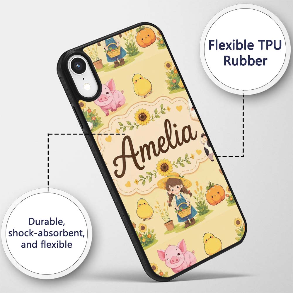 Cute Farm Girl Animals Harvest Seamless Pattern Custom Name Protective Phone Case Mobile Cover Durable Everyday Smartphone Shock Resistant