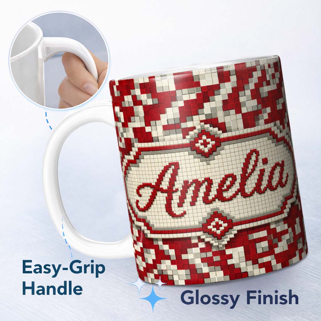 Personalized Custom Name Red White Pixel Geometric Abstract Seamless Pattern Cute Unique Gift 11oz Ceramic Coffee Tea Mug White Large Handle