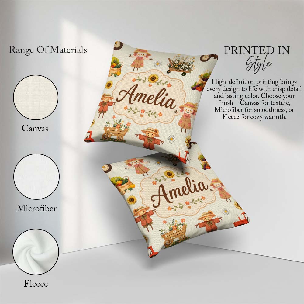 Custom Name Autumn Scarecrow Barn Flowers Seamless Pattern Cream Square Filled Cushion Throw Pillow Sofa Bed Home Decor Zip Washable UK Made