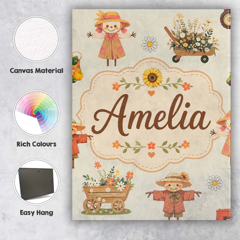 Personalised Name Cute Autumn Scarecrow Custom Modern Room Accent Elegant Feature Canvas Wall Art Print Decor Picture Ready to Hang