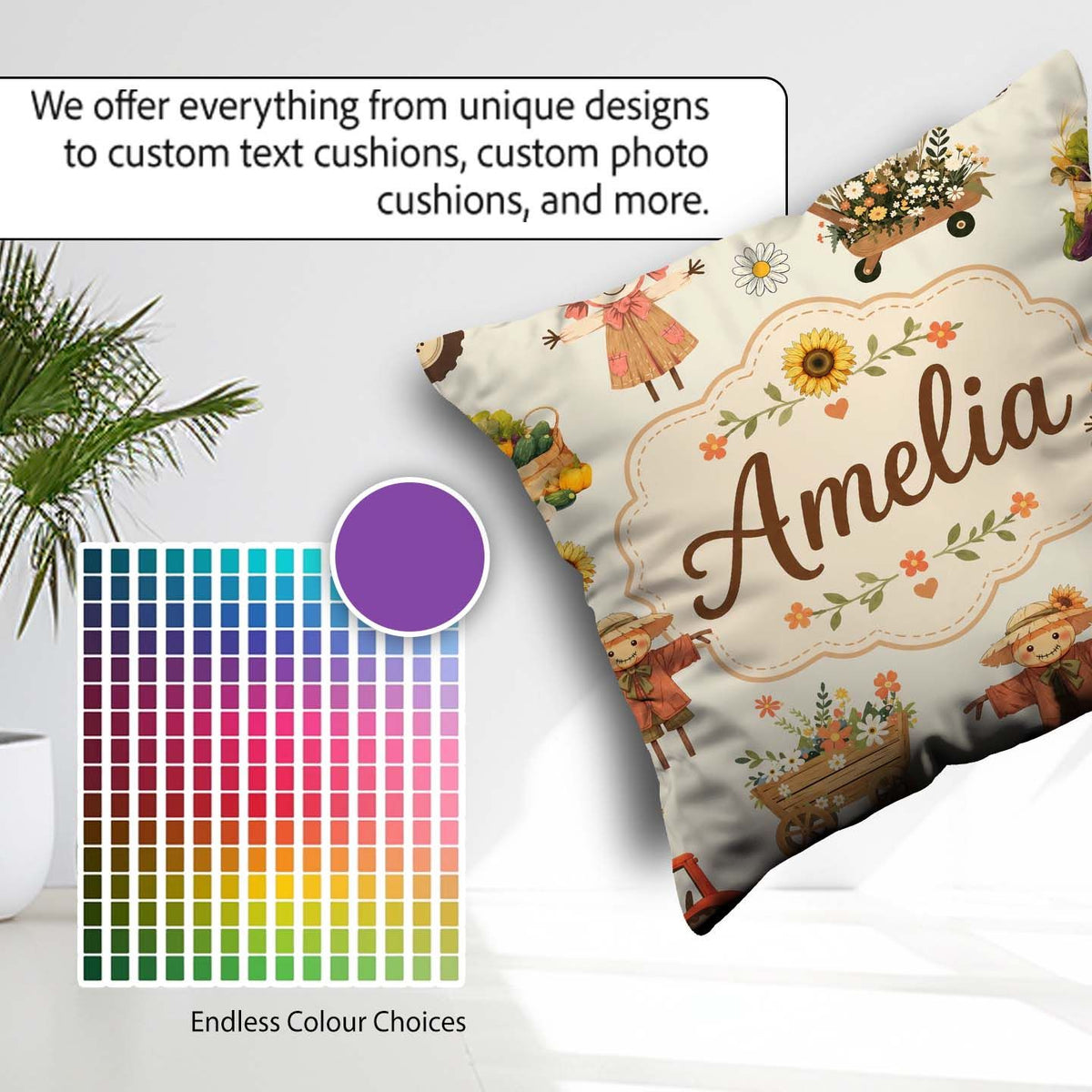 Custom Name Autumn Scarecrow Barn Flowers Seamless Pattern Cream Square Filled Cushion Throw Pillow Sofa Bed Home Decor Zip Washable UK Made