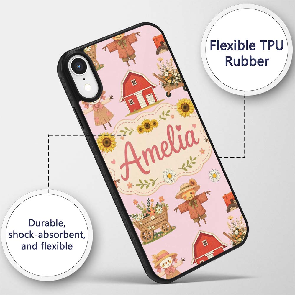 Cute Autumn Scarecrow Barn Flowers Printed Design Custom Name Protective Phone Case Mobile Cover Durable Everyday Smartphone Shock Resistant