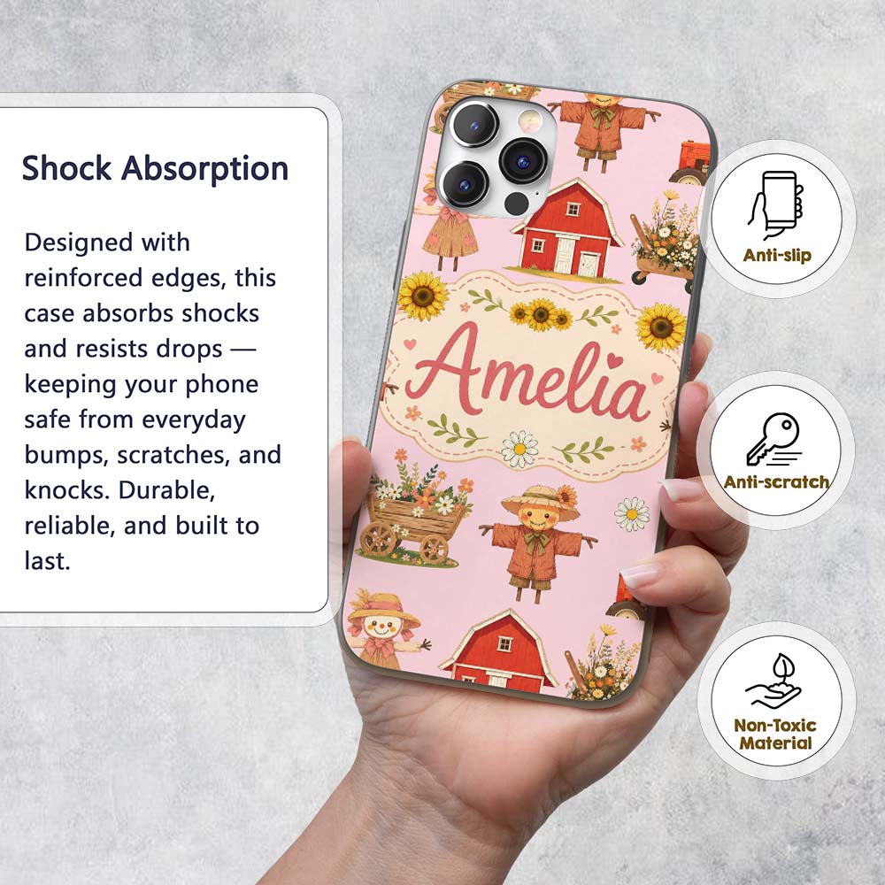 Cute Autumn Scarecrow Barn Flowers Printed Design Custom Name Protective Phone Case Mobile Cover Durable Everyday Smartphone Shock Resistant