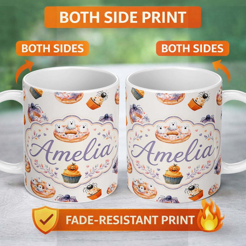 Personalized Custom Name Halloween Donuts Cupcakes and Spiders on Neutral Grey Background 11oz Ceramic Coffee Tea Mug White Large Handle
