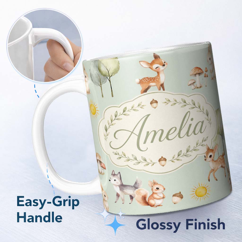Personalized Custom Name Cute Woodland Deer Fox Mushroom Seamless Pattern on Sage Green 11oz Ceramic Coffee Tea Mug White Large Handle