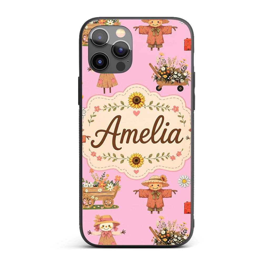 Cute Autumn Scarecrow Barn Flowers Printed Design Custom Name Protective Phone Case Mobile Cover Durable Everyday Smartphone Shock Resistant