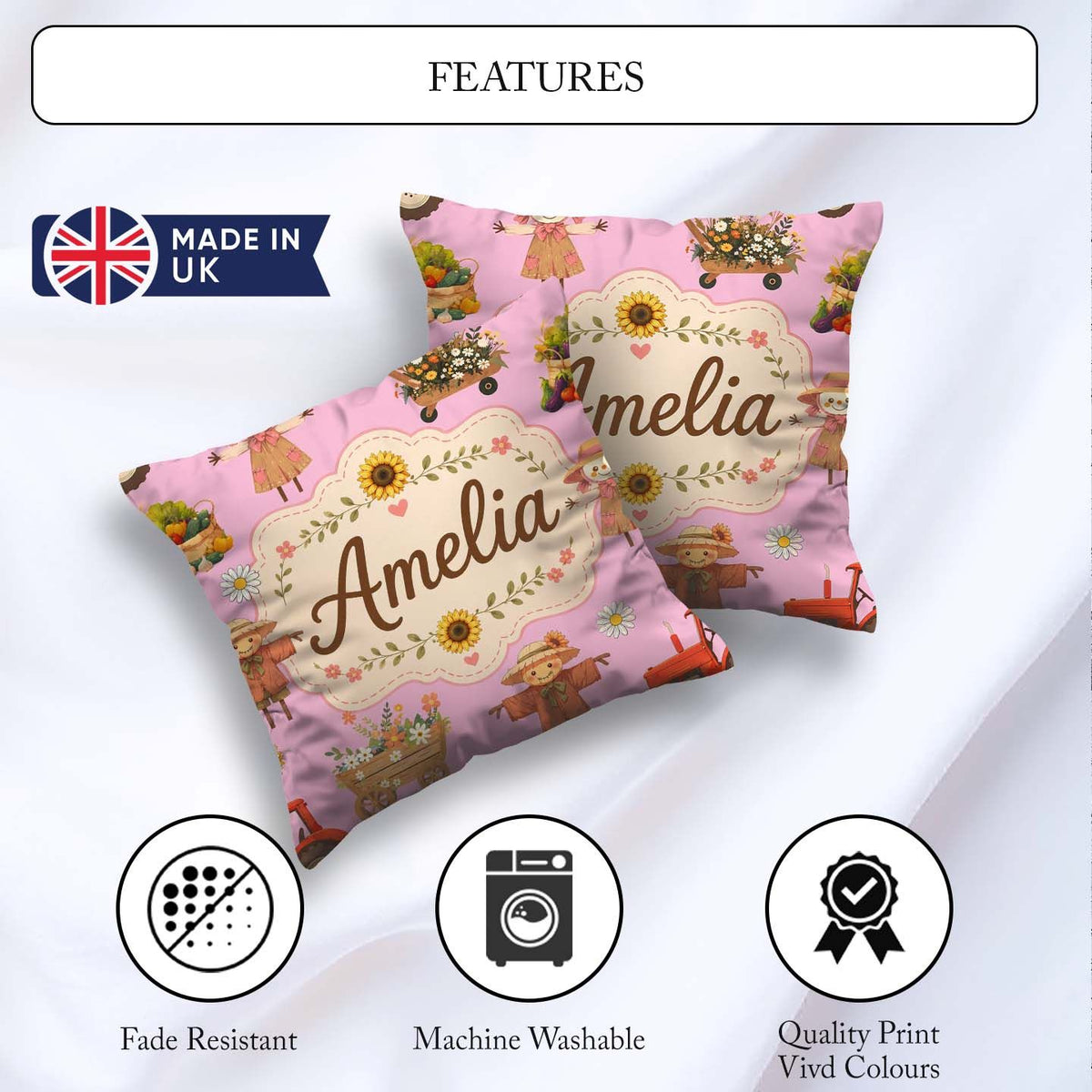 Custom Name Autumn Barn Flowers Seamless Pattern Rose Background Square Filled Cushion Throw Pillow Sofa Bed Home Decor Zip Washable UK Made