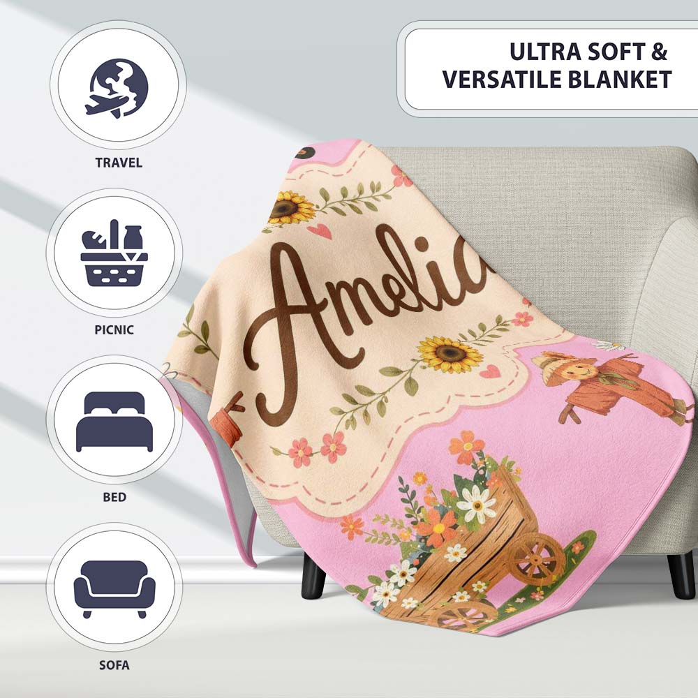 Cute Autumn Scarecrow Barn Flowers Seamless Pattern Rose Background Personalised Custom Name Super Soft Fleece Blanket Bed Sofa Throw