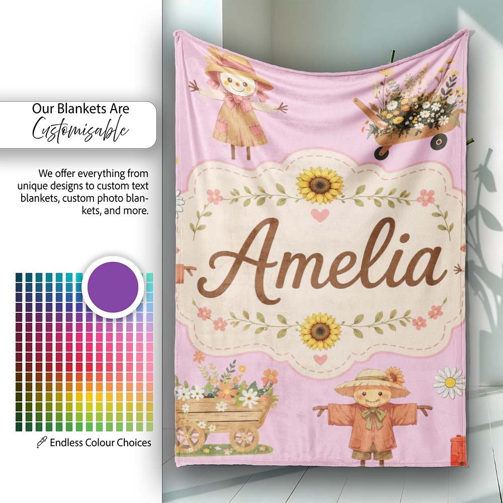 Cute Autumn Scarecrow Barn Flowers Seamless Pattern Rose Background Personalised Custom Name Super Soft Fleece Blanket Bed Sofa Throw