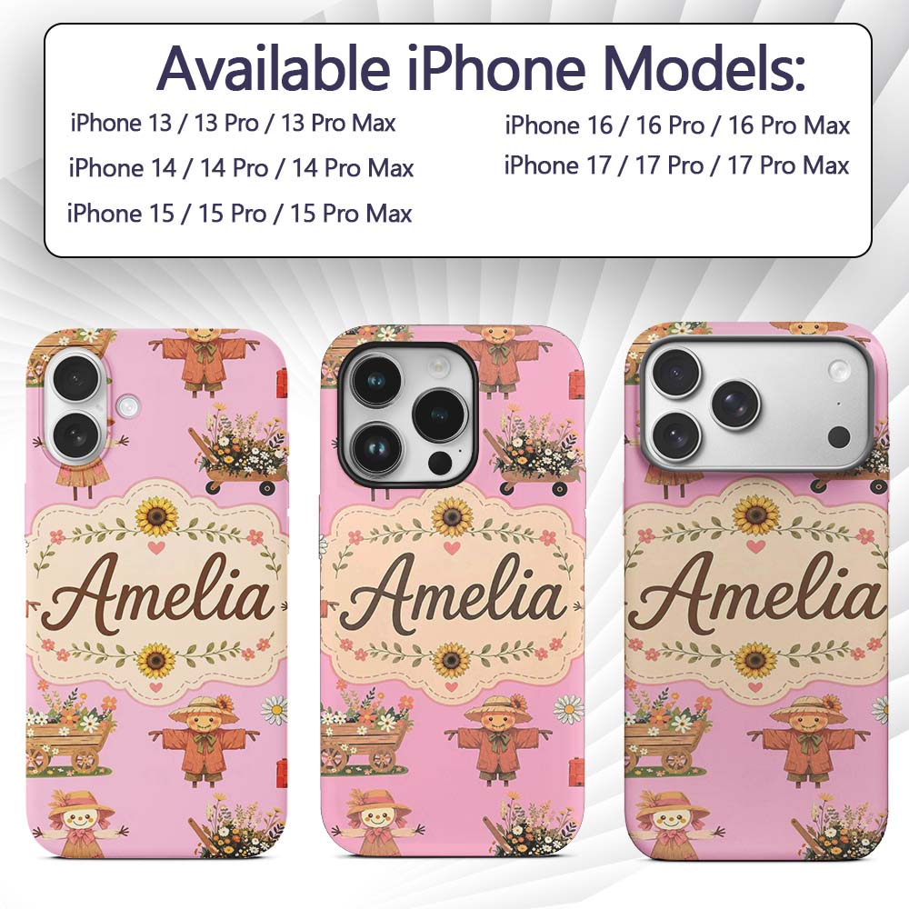 Cute Autumn Scarecrow Barn Flowers Printed Design Custom Name Protective Phone Case Mobile Cover Durable Everyday Smartphone Shock Resistant