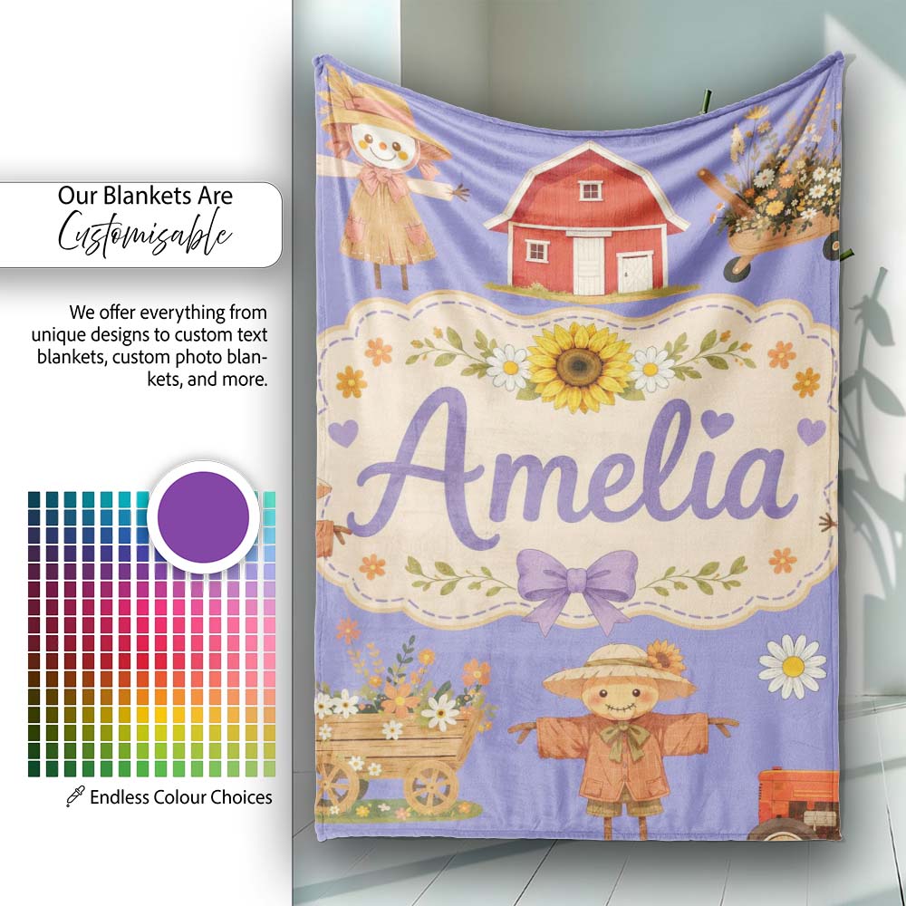 Cute Autumn Scarecrow Barn Flowers Seamless Pattern Purple Lovely Personalised Custom Name Super Soft Fleece Blanket Bed Sofa Throw