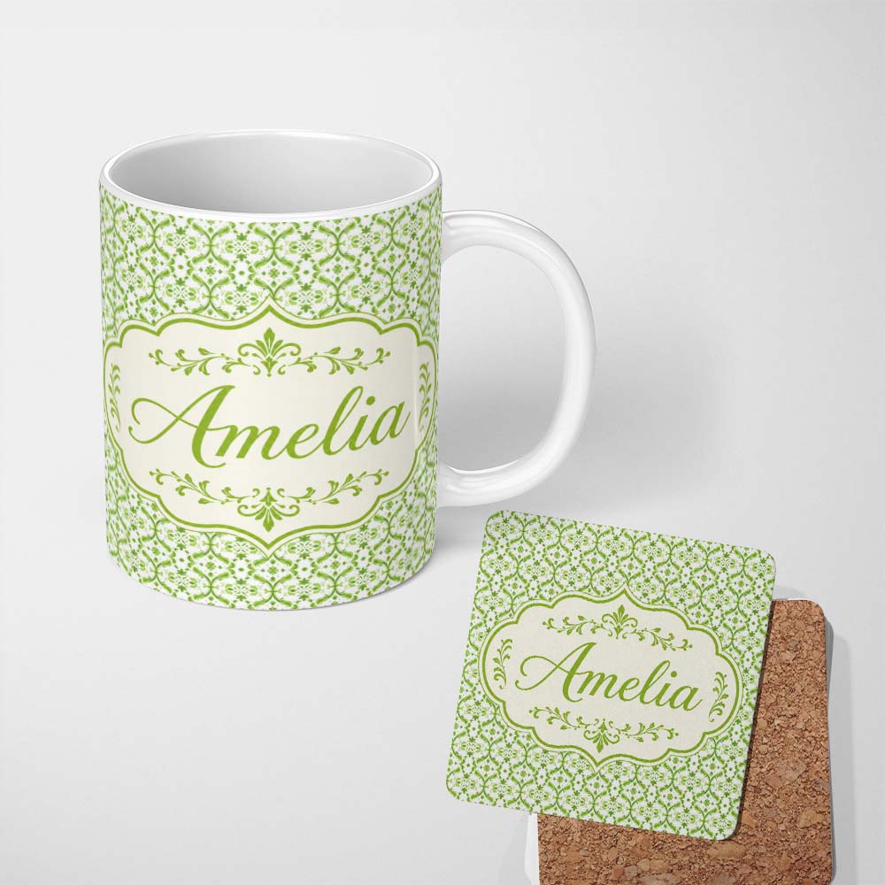 Personalized Custom Name Dark Green Abstract Oil Paint Swirl Seamless Pattern Lovely 11oz Ceramic Coffee Tea Mug White Large Handle