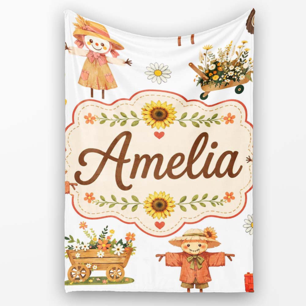 Cute Autumn Scarecrow Barn Flowers Seamless Pattern Grey Background Personalised Custom Name Super Soft Fleece Blanket Bed Sofa Throw