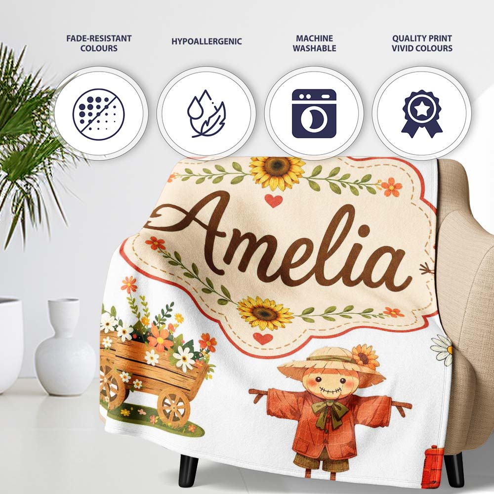 Cute Autumn Scarecrow Barn Flowers Seamless Pattern Grey Background Personalised Custom Name Super Soft Fleece Blanket Bed Sofa Throw