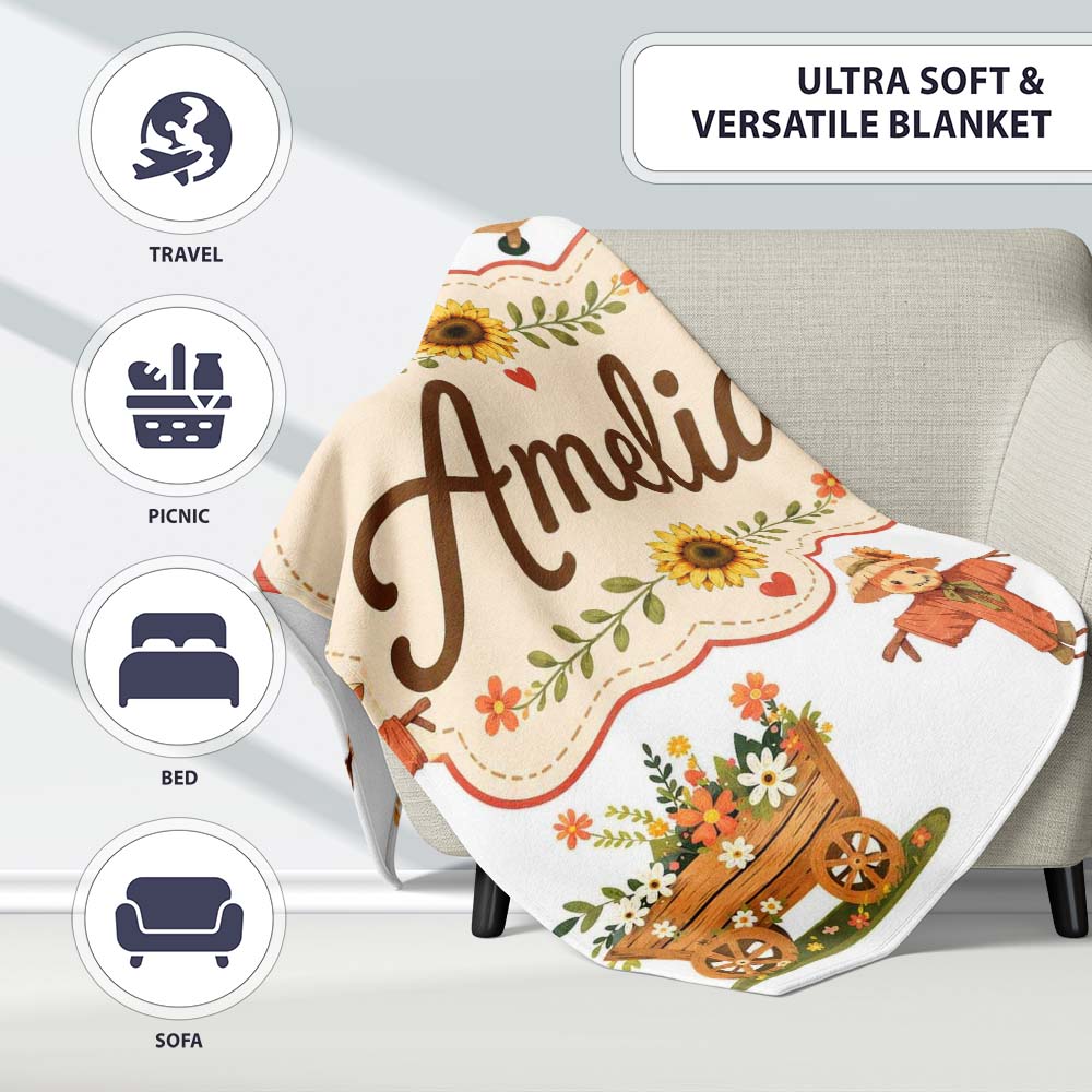 Cute Autumn Scarecrow Barn Flowers Seamless Pattern Grey Background Personalised Custom Name Super Soft Fleece Blanket Bed Sofa Throw