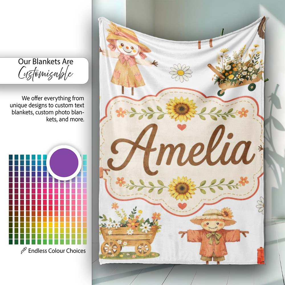 Cute Autumn Scarecrow Barn Flowers Seamless Pattern Grey Background Personalised Custom Name Super Soft Fleece Blanket Bed Sofa Throw