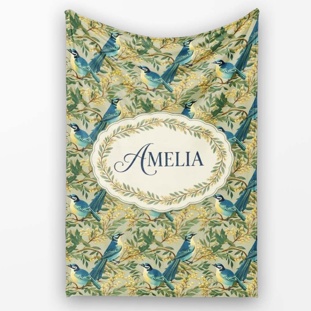Teal Yellow Bird Botanical Branch Seamless Pattern Vintage Nature Personalised Custom Name Super Soft Fleece Blanket Bed Sofa Throw
