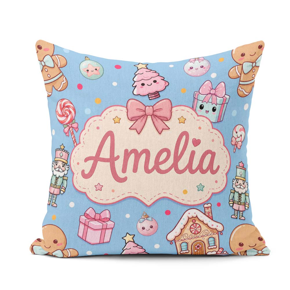 Custom Name Cute Christmas Gingerbread Candy House Seamless Blue Square Filled Cushion Throw Pillow Sofa Bed Home Decor Zip Washable UK Made