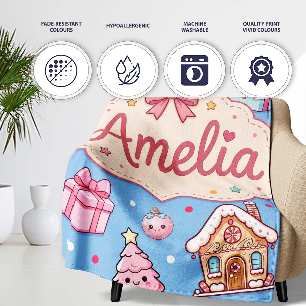 Cute Christmas Gingerbread Candy Gift House Seamless Pattern Blue Personalised Custom Name Super Soft Fleece Blanket Bed Sofa Throw