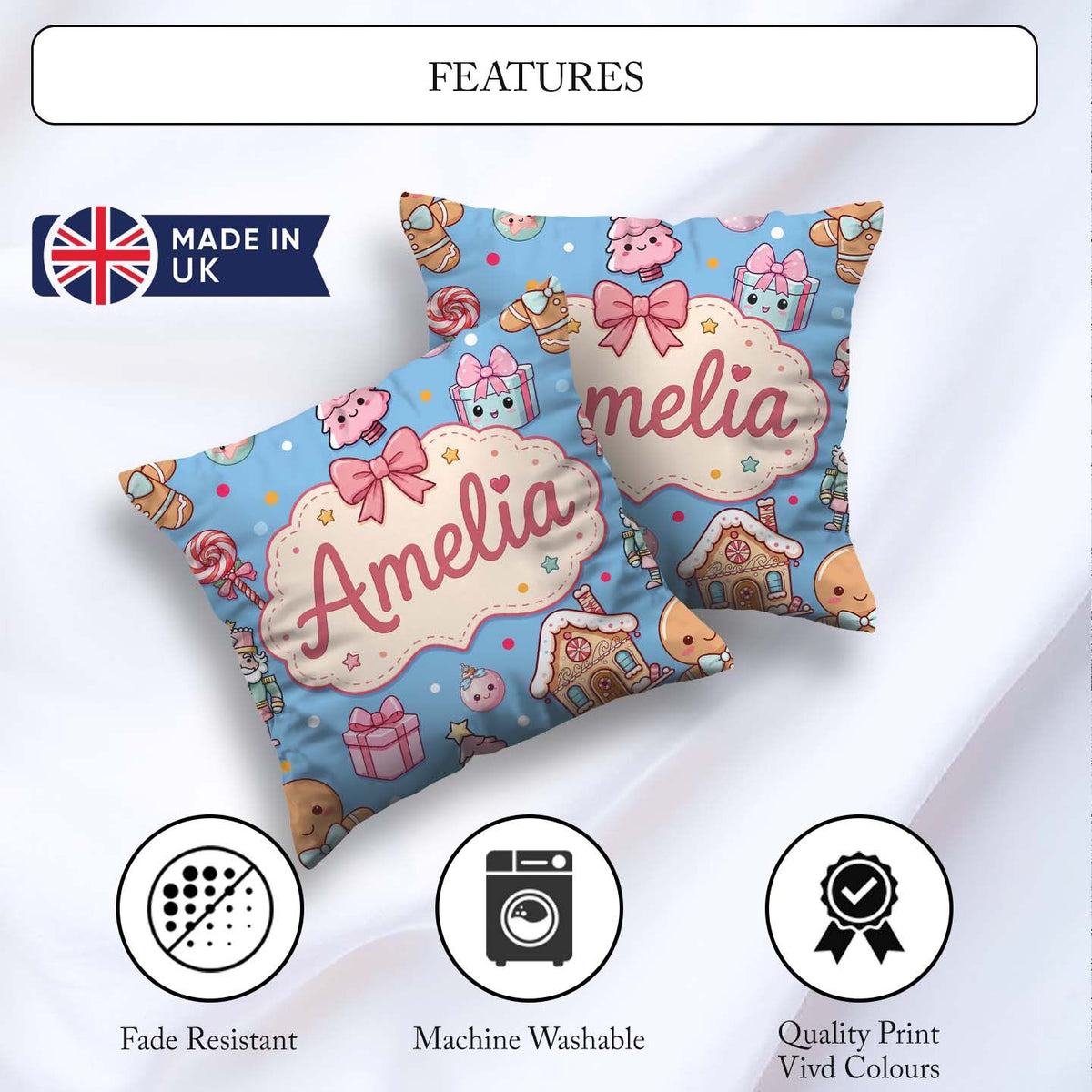 Custom Name Cute Christmas Gingerbread Candy House Seamless Blue Square Filled Cushion Throw Pillow Sofa Bed Home Decor Zip Washable UK Made