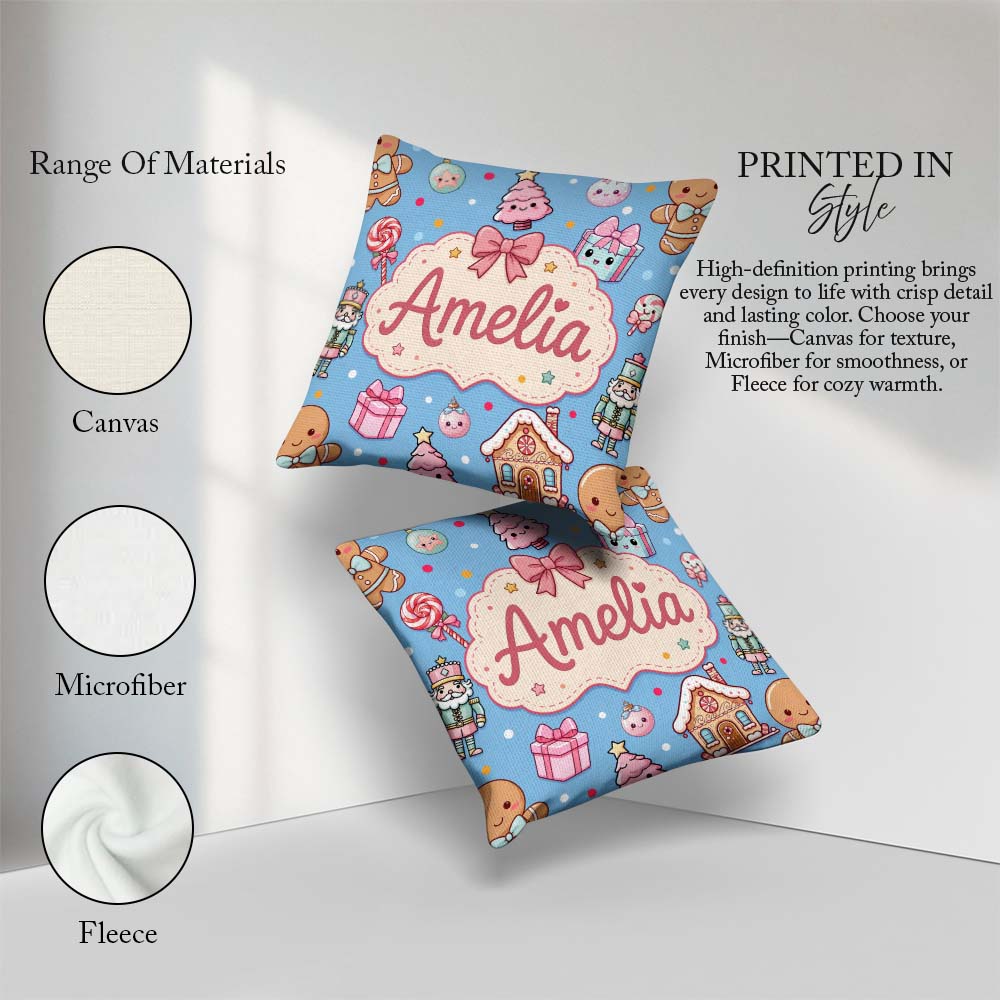 Custom Name Cute Christmas Gingerbread Candy House Seamless Blue Square Filled Cushion Throw Pillow Sofa Bed Home Decor Zip Washable UK Made