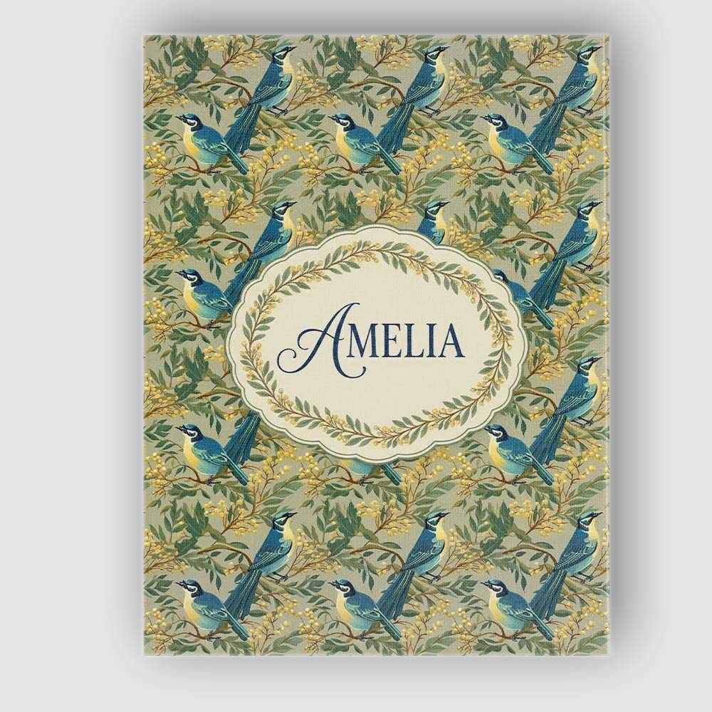 Personalised Name Teal Yellow Bird Botanical Branch Seamless Pattern Custom Home Canvas Wall Art Print Decor Picture Ready to Hang