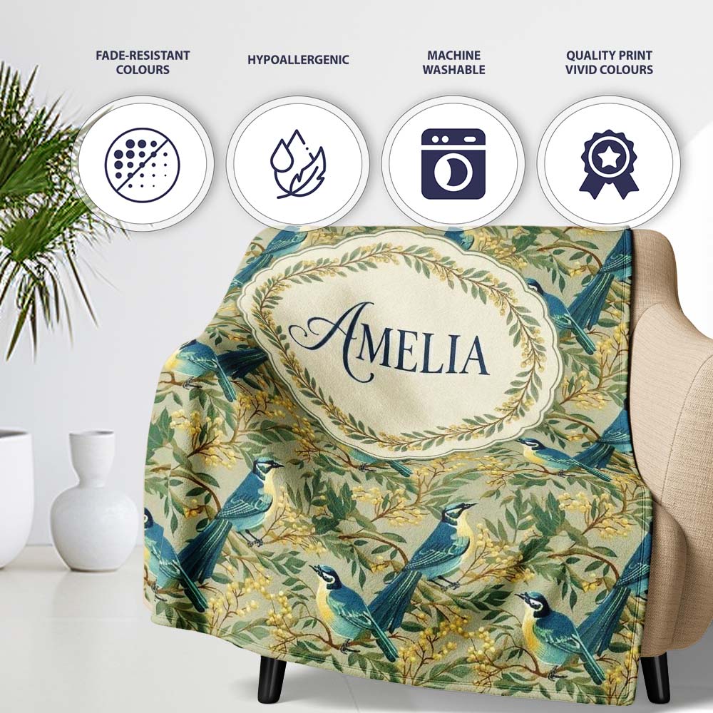 Teal Yellow Bird Botanical Branch Seamless Pattern Vintage Nature Personalised Custom Name Super Soft Fleece Blanket Bed Sofa Throw